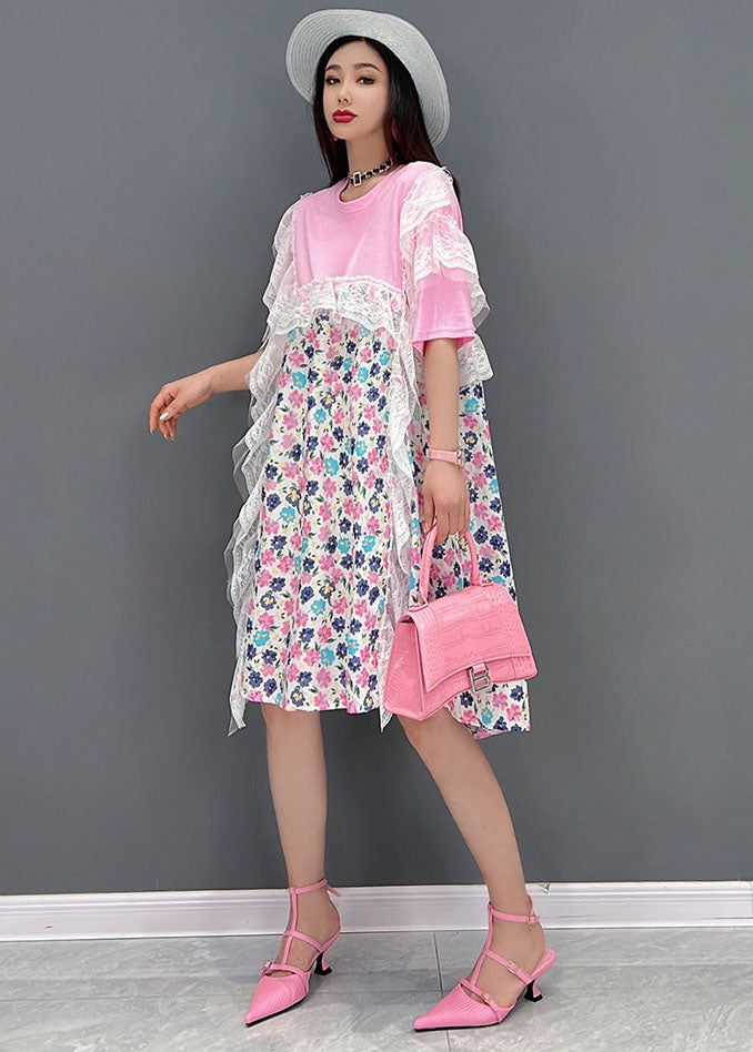Pink Asymmetrical Print Holiday Dresses Short Sleeve