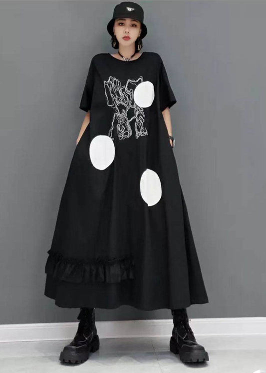 Black Ruffled Patchwork Dot Print Cotton Dresses Short Sleeve