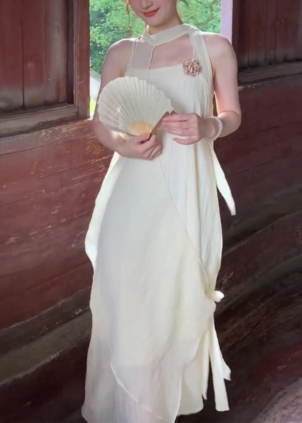 Beige Chiffon Holiday Halter Dress Two Piece Set Asymmetrical Summer