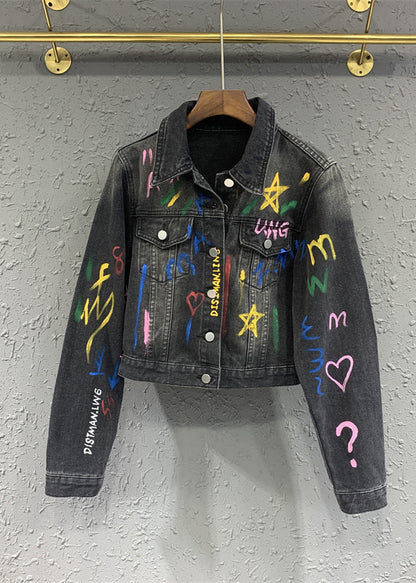 Black Gray Lapel Graffiti Denim Jacket Autumn