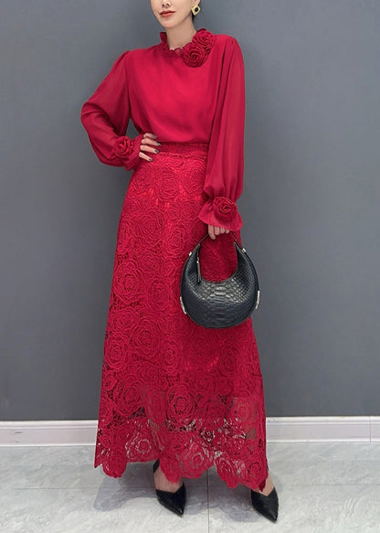 Fine Red Rose Lace Shirts and Maxi Skirts Two Pieces Set Fall