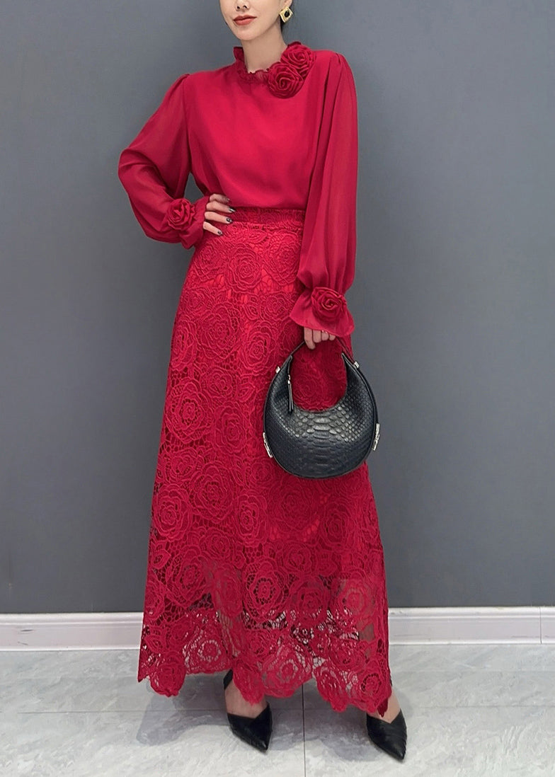 Fine Red Rose Lace Shirts and Maxi Skirts Two Pieces Set Fall