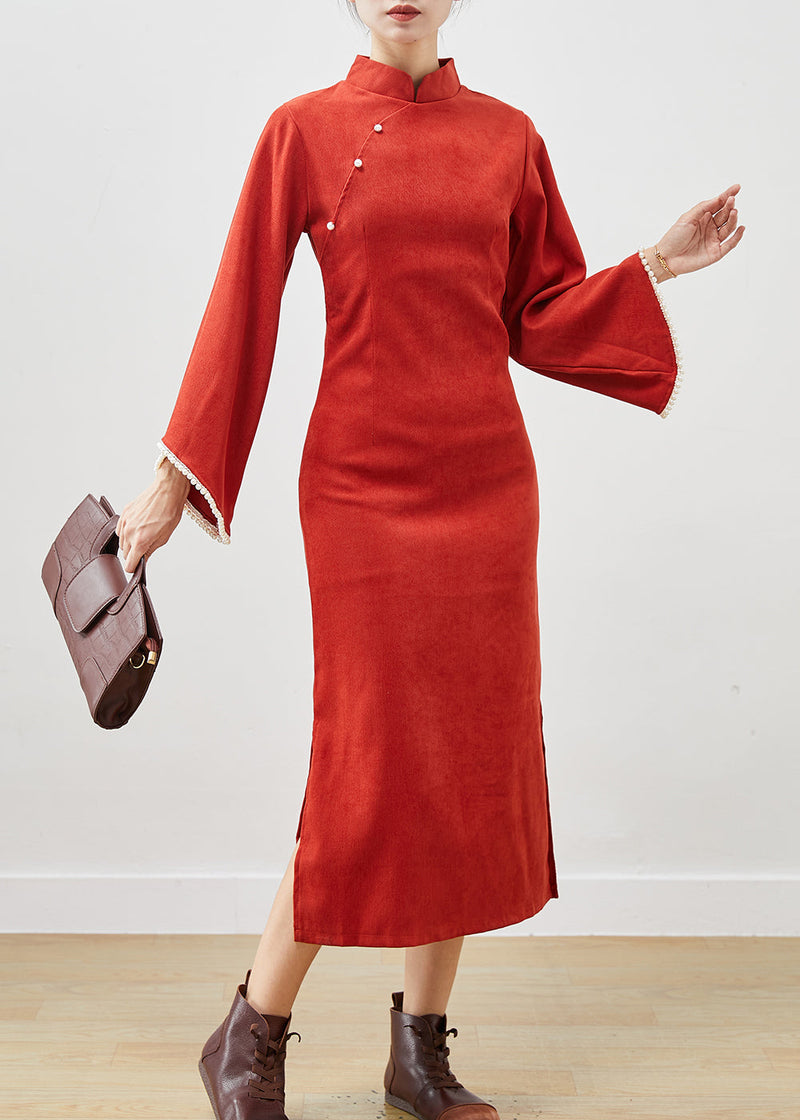 Orange Silm Fit Cotton Vacation Dresses Cheongsam Flare Sleeve