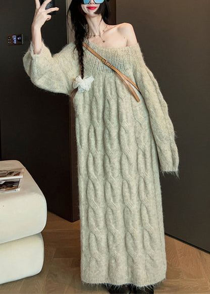 Original Khaki O Neck Hollow Out Knit Sweater Dress