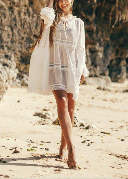 Unique White Patchwork Hollow Out Beach Gown Robe Chiffon Dress