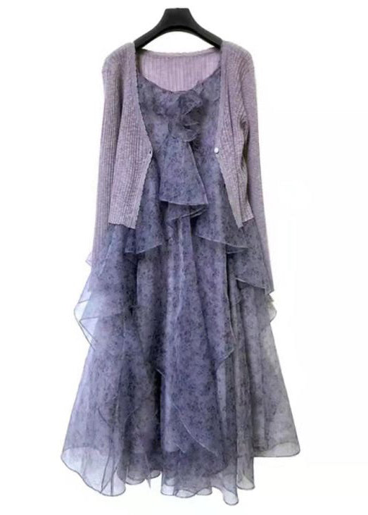 Purple Ruffled Print Chiffon Sets 2 Pieces Spring