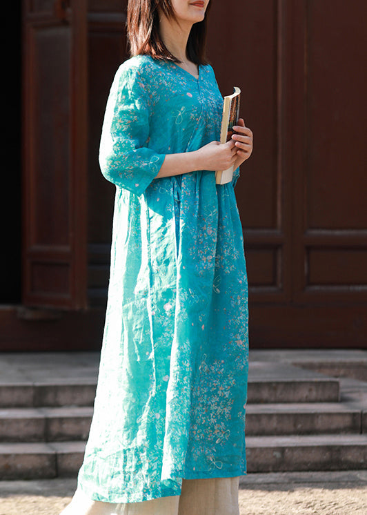 Blue V Neck Tie Waist Print Linen Dress Half Sleeve