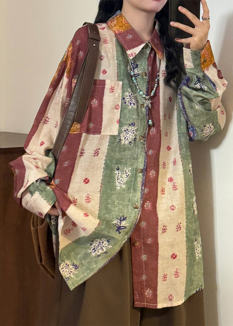 Blue Print Button Patchwork Cotton Shirt Top Asymmetrical Spring