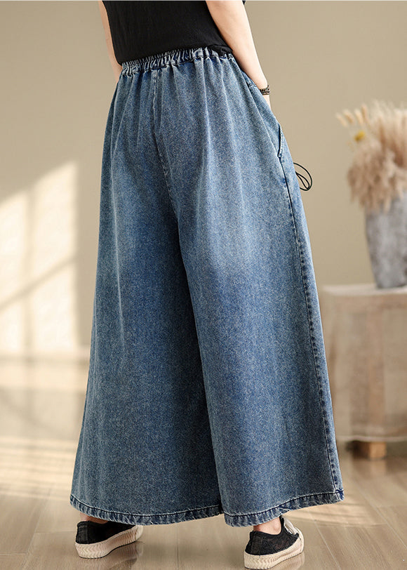 Denim Blue Cross Strap Wide Leg Pants Wrinkled Fall