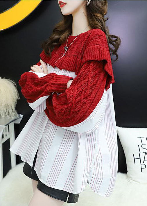 Red O-neck Ruffles Patchwork Knit Silk Tops Spring
