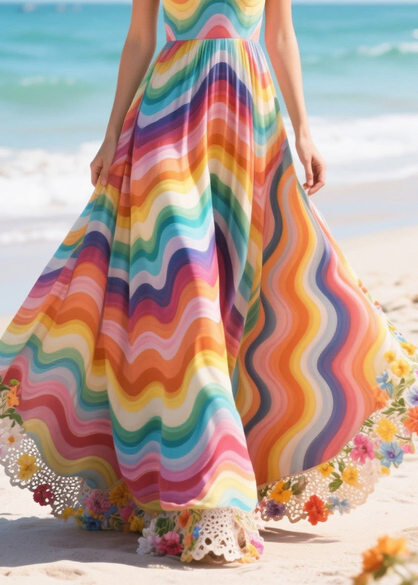 Rainbow Patchwork Flower Lace Chiffon Sundress Summer