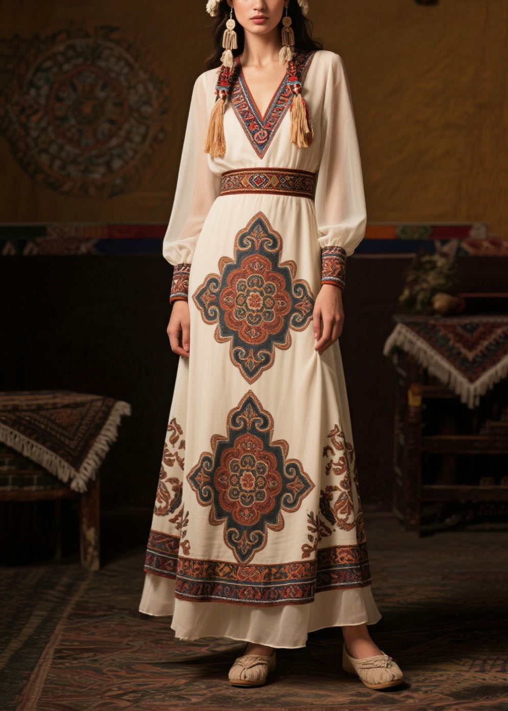 Style White Cinched Print Chiffon Long Dresses Fall