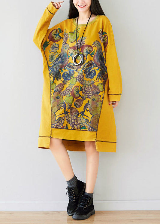 Unique Yellow O-neck Asymmetrical Animal Print Dress Spring