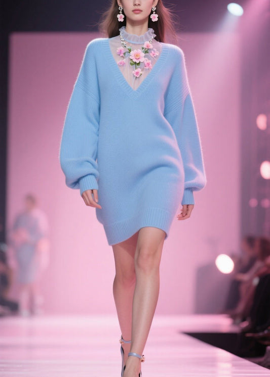 Blue Tulle Patchwork Knit Mid Dress Fall