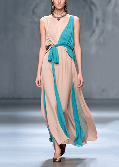 Nude Asymmetrical Patchwork Chiffon Maxi Dress Summer