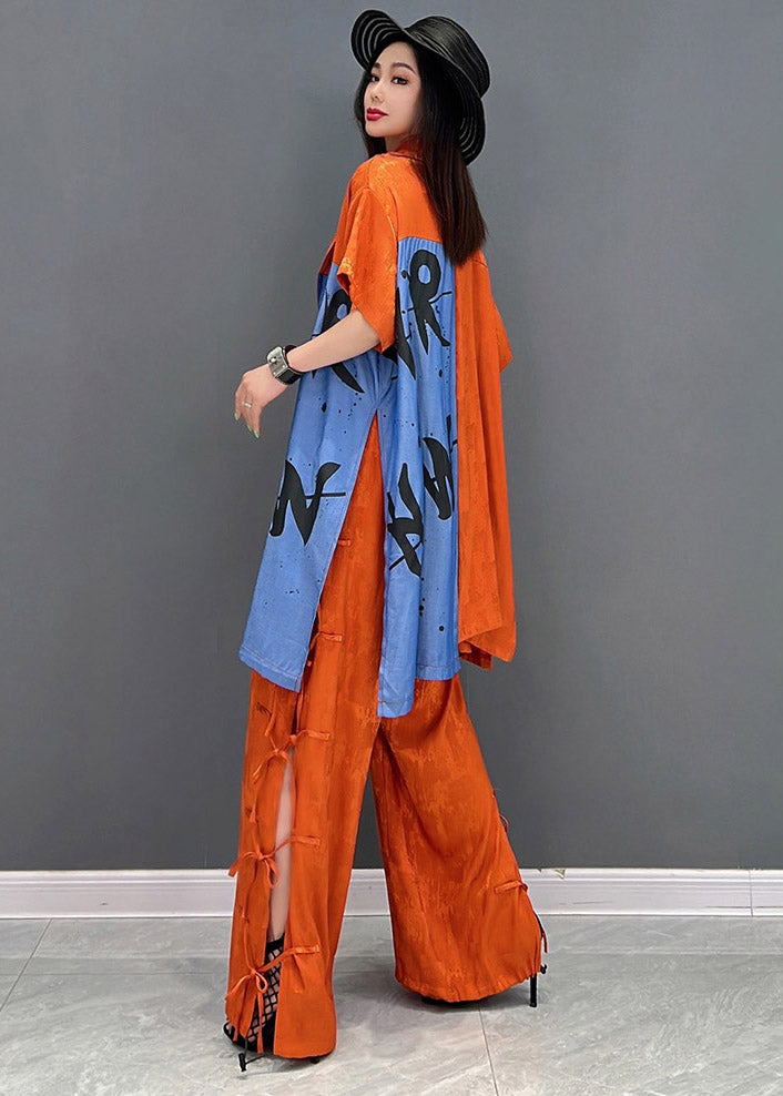 Vogue Red Peter Pan Collar Print Shirt and Pants Two Piece Set Summer