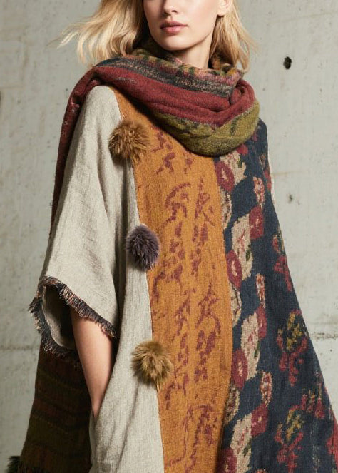 Oversized Patchwork Fuzzy Ball Decorated Dress Half Sleeve