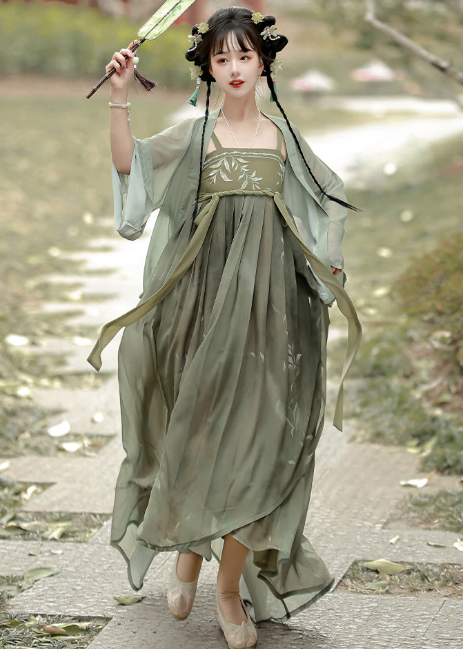 Green Embroideried Tops and Spaghetti Strap Dress Two Pieces Set Fall