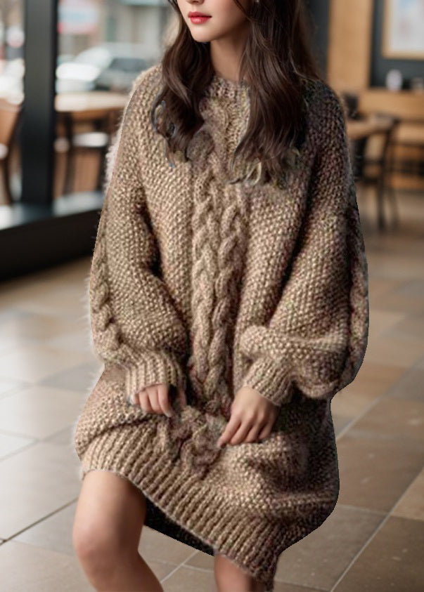 Loose Camel O-neck Cable Cotton Knit Sweaters Winter