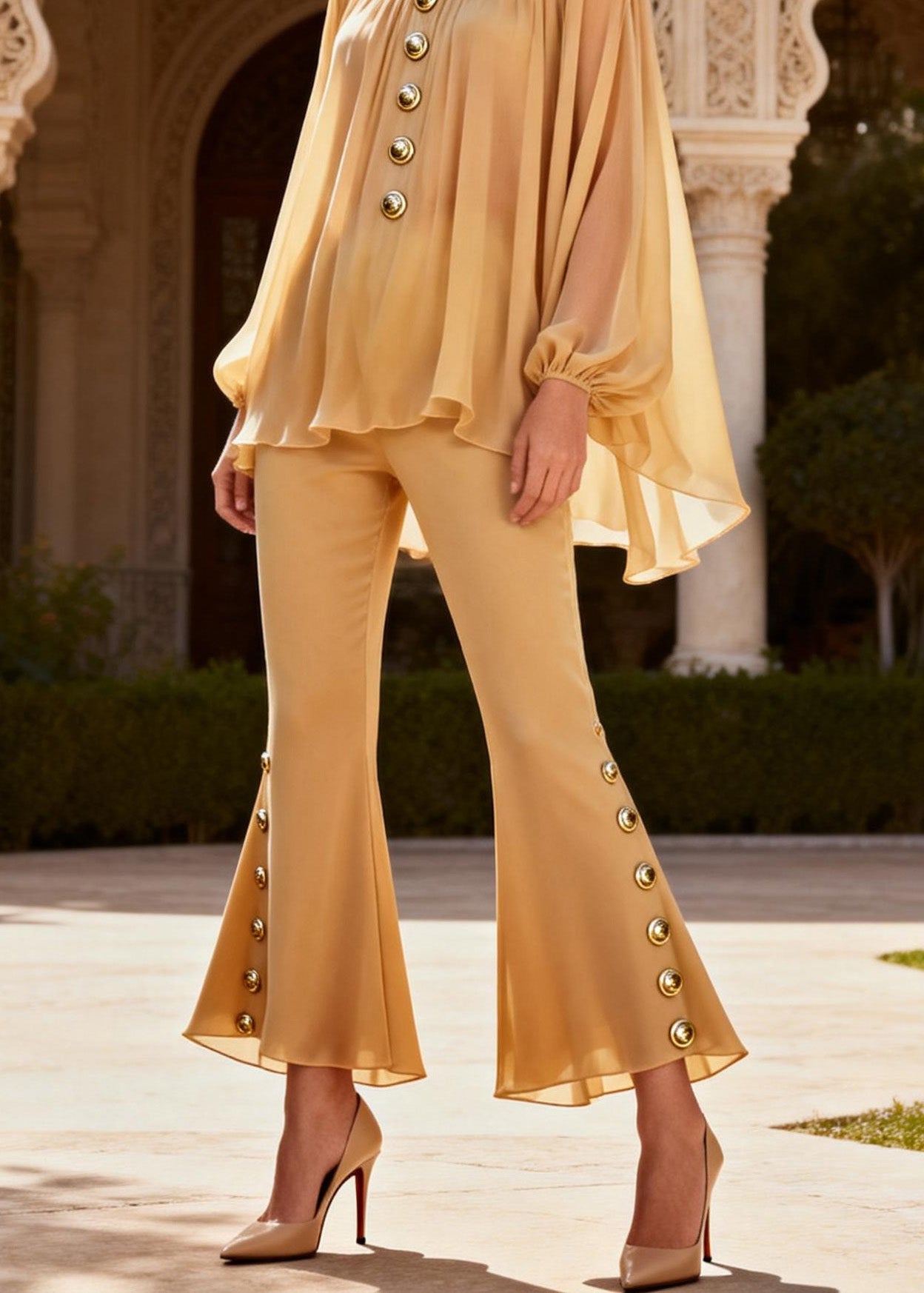 Fine Yellow O Neck Sequined Patchwork Silk Two Pieces Set Spring