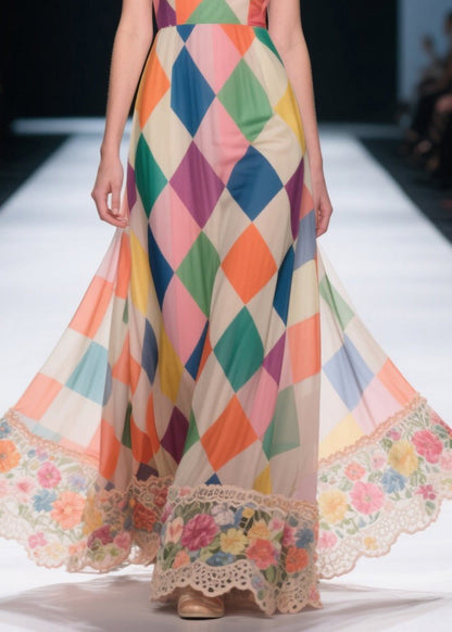 Multicolour Plaid Patchwork Lace Chiffon Strapless Dresses Summer