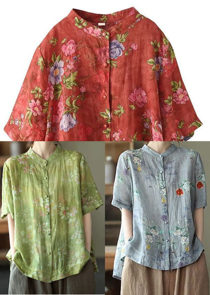 Red Stand Collar Print Cotton Shirt Tops Short Sleeve