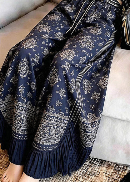 Navy Blue Asymmetrical Print Wrinkled Straight Pants