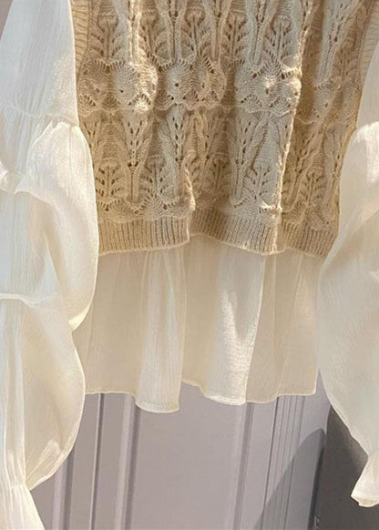Apricot O-neck Lace Patchwork Hollow Out Shirts Long Sleeve