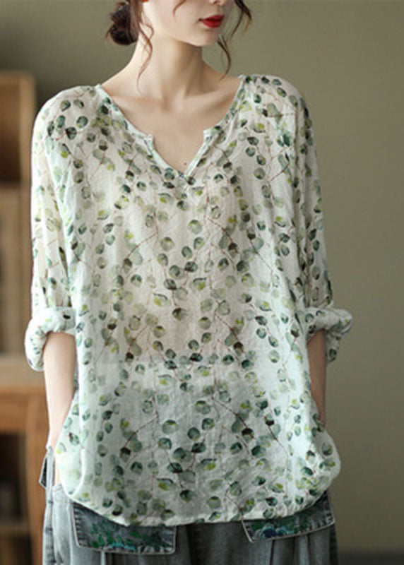Stylish Green V Neck Print Fall Tops Long Sleeve