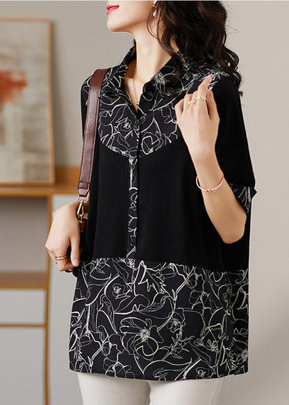Black Peter Pan Collar Print Patchwork Button Cotton Shirt Short Sleeve