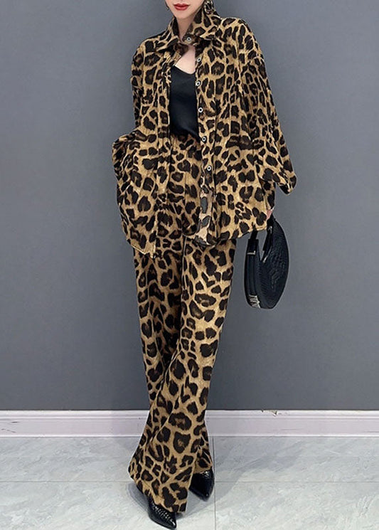 French Leopard Print Peter Pan Collar Shirts and Pants Two Piece Set Long Sleeve