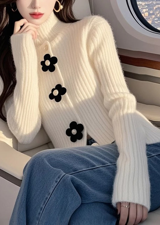 French White Hign Neck Knit Sweaters Top Spring