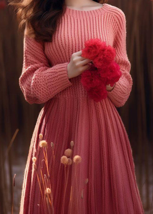 Pink O Neck High Waist Knit Sweater Dress Winter