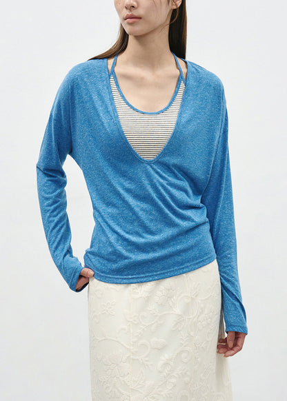 Grey False Two Pieces Patchwork Cotton T Shirts Spring