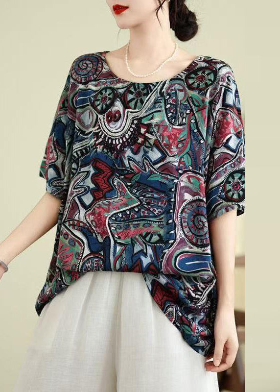 Loose Blue O-neck Print Shirt Top Summer