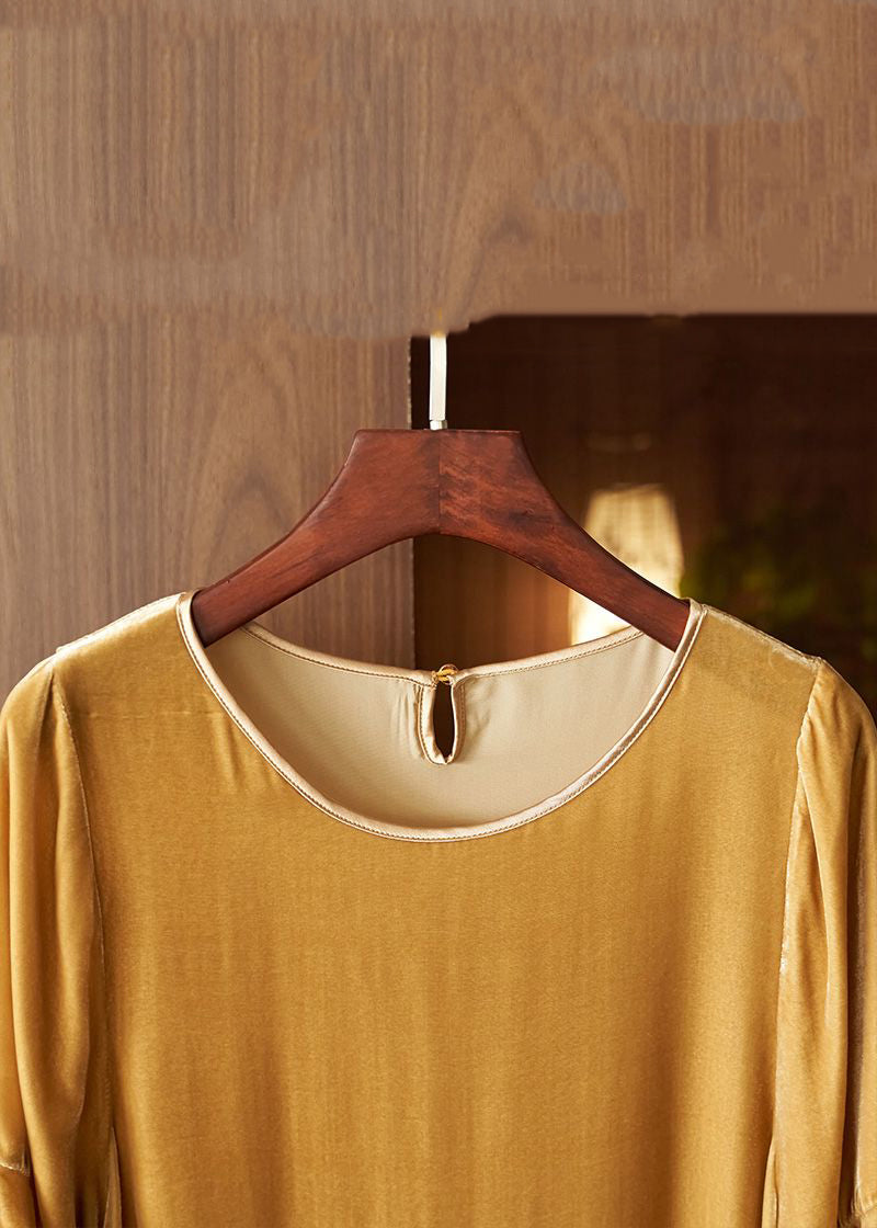 New Khaki O Neck Patchwork Velour Dress Lantern Sleeve