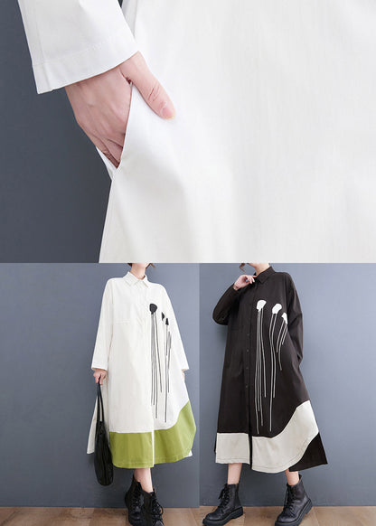White Print Pocket Shirt Long Dresses Asymmetrical Design Long Sleeve
