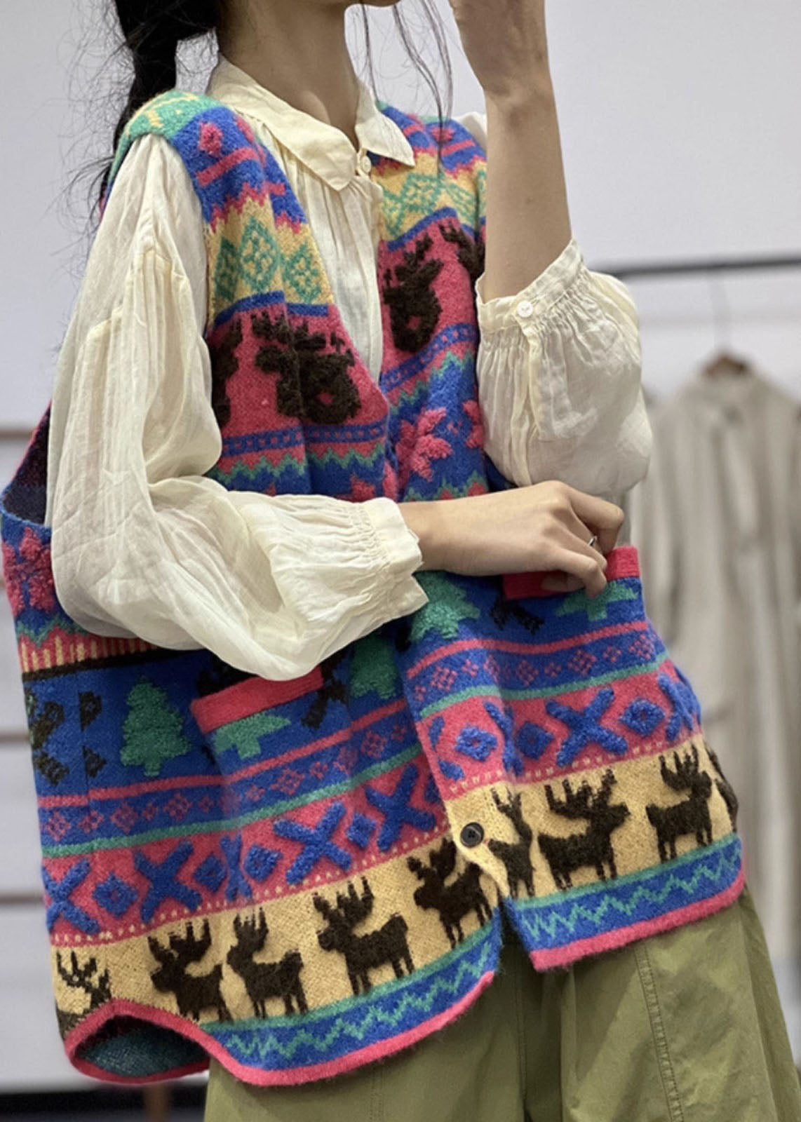 Modern Red V Neck Animal Button Cotton Knit Waistcoat Fall