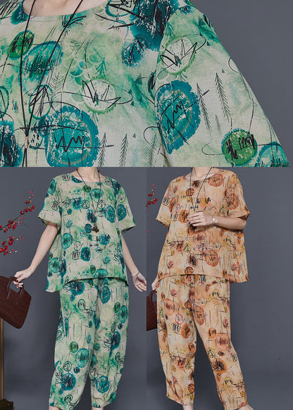 Green Oversized Print Linen Two Piece Set Summer