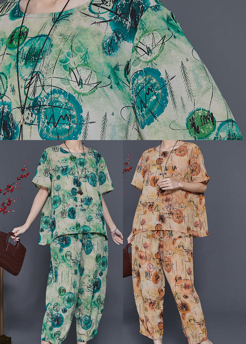 Green Oversized Print Linen Two Piece Set Summer