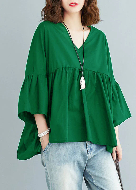 Green Feather V Neck Patchwork Asymmetrical Design Fall Top Three Quarter Sleeve