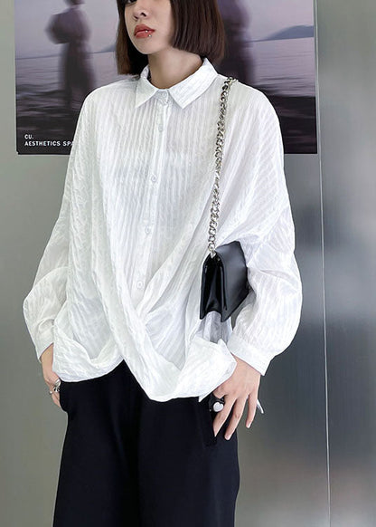 White Peterpan Collar Button Asymmetrical Design Fall Long Sleeve Blouse Tops
