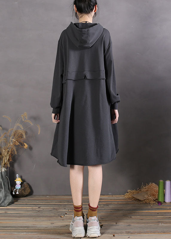 Black Hooded Patchwork Cotton Sweatshirts Spring Dress