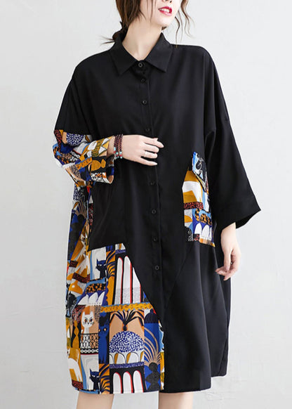 Black Button Print Patchwork Cotton Blouses Dress Fall