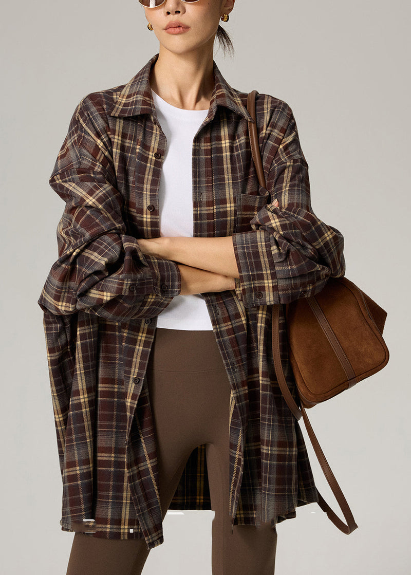 Coffee Plaid Peter Pan Collar Plaid Button Shirts Fall