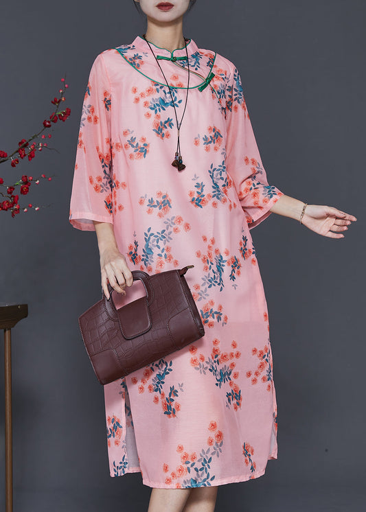 Pink Print Oriental Linen Holiday Dress Summer