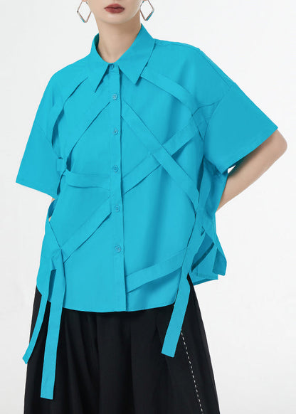 Royal Blue Tasseled Button Patchwork Cotton Shirts Summer