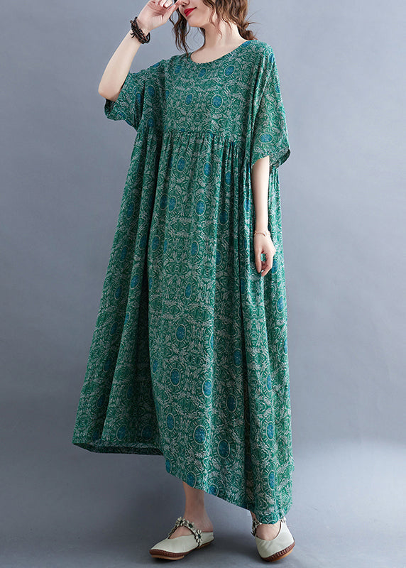 Green O-neck Print Patchwork Vacation Maxi Dresses Summer