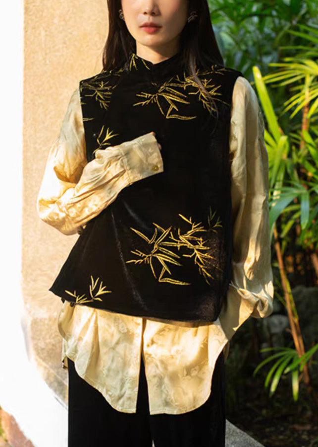 Black Stand Collar Embroideried Button Velour Waistcoat Sleeveless