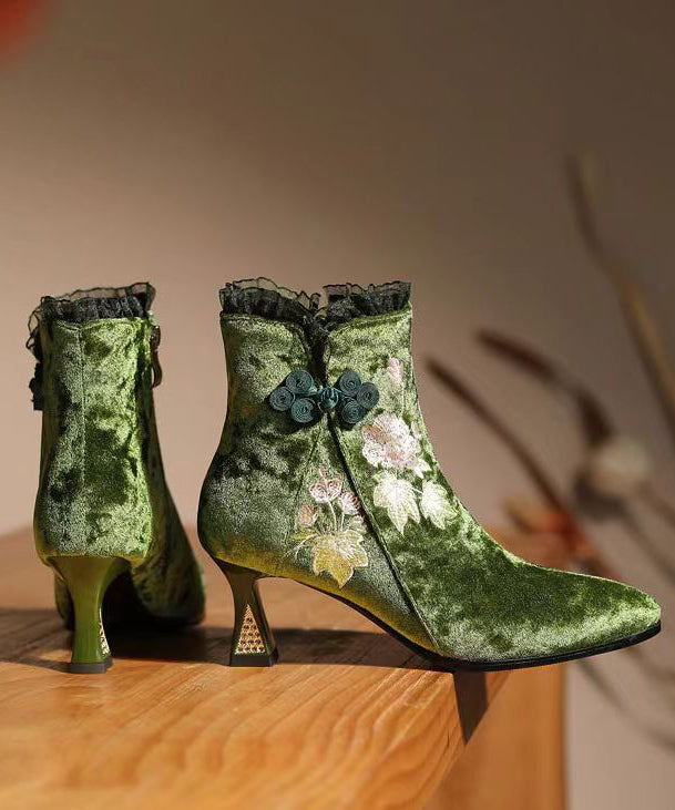 Original Style Green Embroidered High Heeled Short Boots